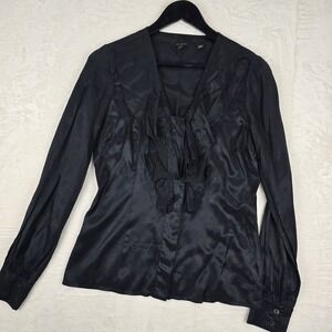 Ted Baker London Women's Size 2 Black Satin Ruffle Front‎ Long Sleeve Blouse